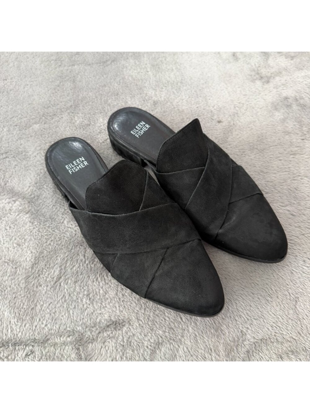 Eileen Fisher Black Leather Nubuck Bauer Mules Shoes Flats Womens 8